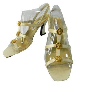 Caparros Size 8.5B Cream Heel Sandals Gold Lion Medusa Button Accent VersaceVibe